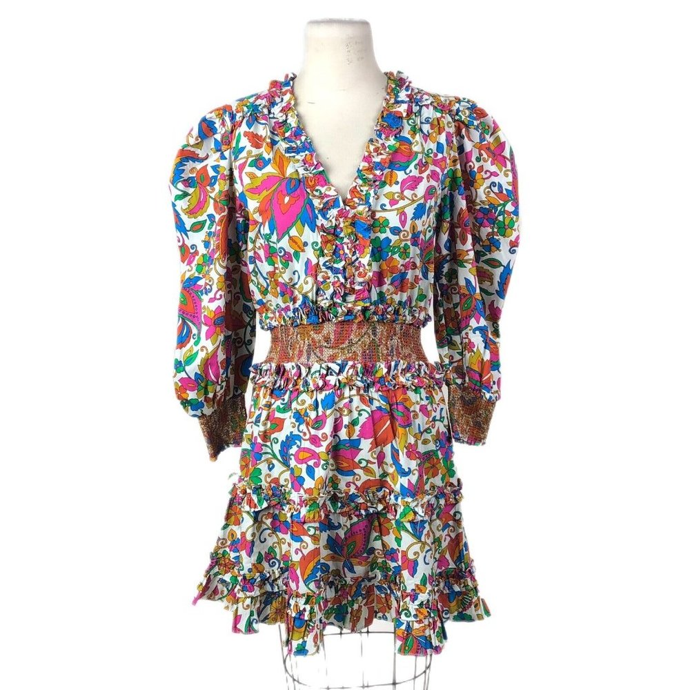 House Of Harlow 1960 Multicolor Cotton Puff Sleeve V Neck Ruffled Mini Dress M